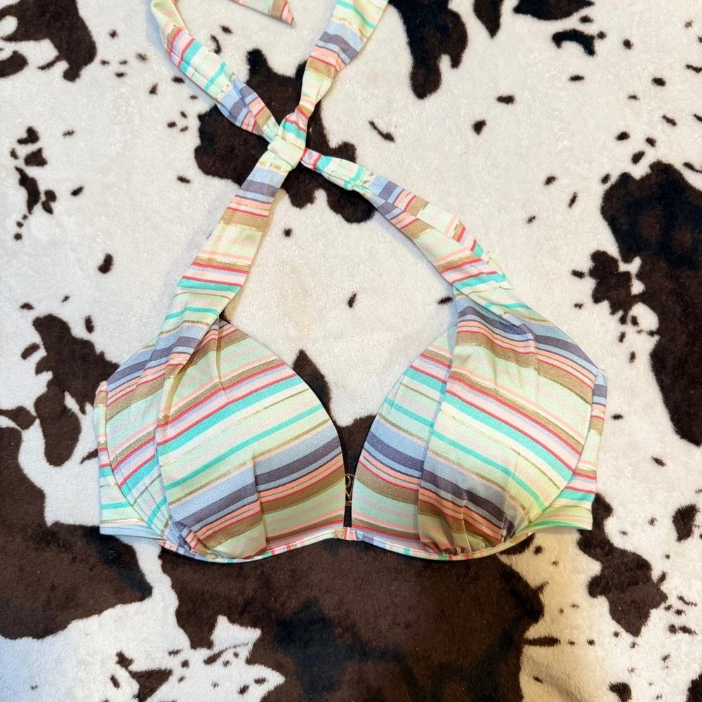 Victoria's Secret Bikini Top Womens 34DD Multi Striped Gold Metallic Beachy Boho